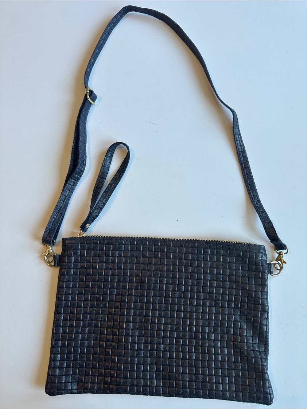 Leather Woven Crossbody Wristlet Bag